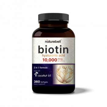 NatureBell Biotin 10000mcg + Hyaluronic Acid 25mg | 360 Coconut Oil Softgels | USA