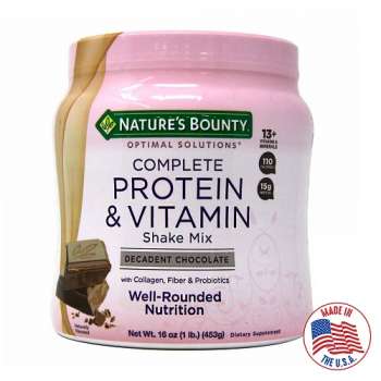 Nature's Bounty Complete Protein & Vitamin Shake Mix, Contains Vitamin C, Supports healthy Skin, Bone Health, Energy Metabolism, Muscle health, Decadent Chocolate Flavor, 453gm powder, USA