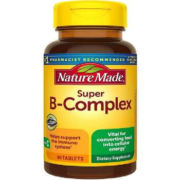 Nature Made Super B-Complex with Vitamin C and Folic Acid, Support Immune System, convert Food into Energy, Nervous System Function,60 Tablets, USA