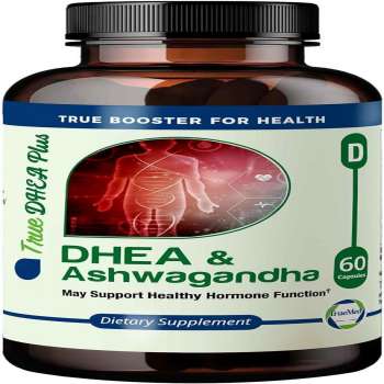 TrueMed DHEA and Ashwagandha Root Powder Capsules, 385 mg, Promote Hormonal Balance, Enhance Energy, Support overall Well-being, Natural supplement, 60 Capsules, USA