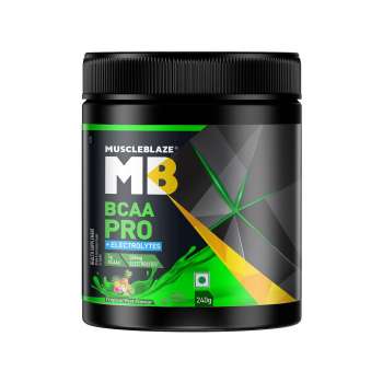 MuscleBlaze BCAA Pro, Powerful Intra Workout with 5 g Vegan BCAAs & 500 mg Electrolytes  Tropical Fest, 240 gram Powder