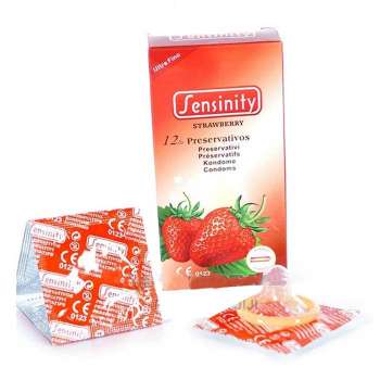 Sensinity Strawberry Ribbed Condom 12pcs