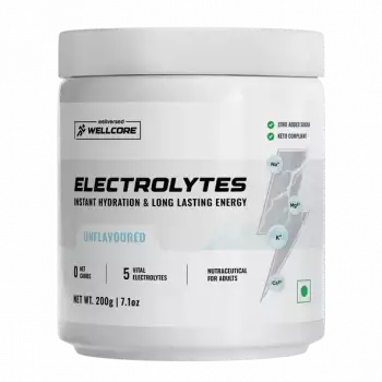 Wellcore - Electrolytes (Unflavoured, 200g), Electrolyte Drink With 5 Vital Electrolytes: Na, Mg, Ca, K, PO4 | Sugar Free Electrolyte Powder | Fat Fuel Powered Keto Electrolyte