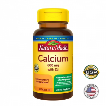 Nature Made Calcium 600 mg Tablets with Vitamin D3, Support Strong Bones & for Immune Support, 60 Tablets, USA