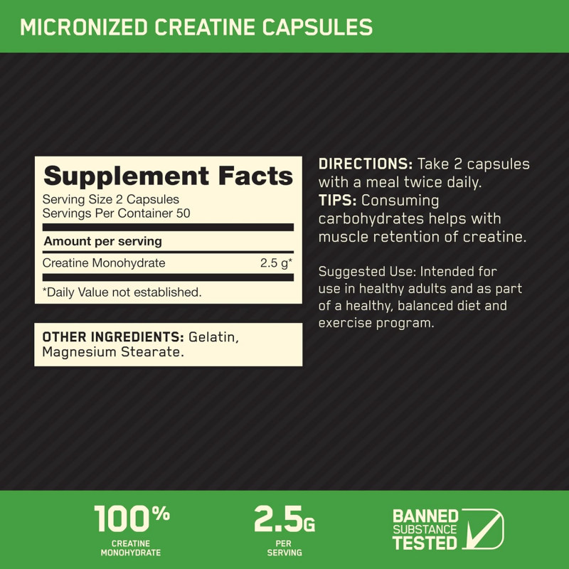 Optimum Nutrition Micronized Creatine Monohydrate 100 Capsules | USA - Buy Online in Bangladesh | ePharma