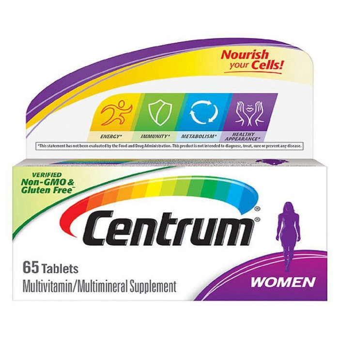 Centrum Multivitamin for Women, Multivitamin/Multimineral Supplement with Iron, Vitamin D3, B Vitamins and Antioxidant Vitamins C and E, Gluten Free, Non-GMO Ingredients, 65 Count, USA